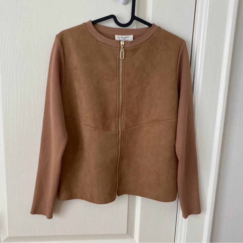 NWT La Vila Milano Brown Tan Faux Suede Stretchy Knit Zip-Front Jacket Size S